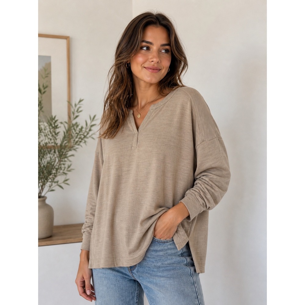Pure J. Jill Tan Organic Cotton V-Neck Tunic Light Sweatshirt XL Minimalist Top